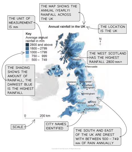 <p>highest in the <strong>north &amp; west</strong> - average 2800mm annually. lowest in <strong>south &amp; east </strong>- average 500-750mm annually</p><p><strong>rivers </strong>transport precipitation from mountains to sea + natural <strong>lakes </strong>acting as storage for rain</p>