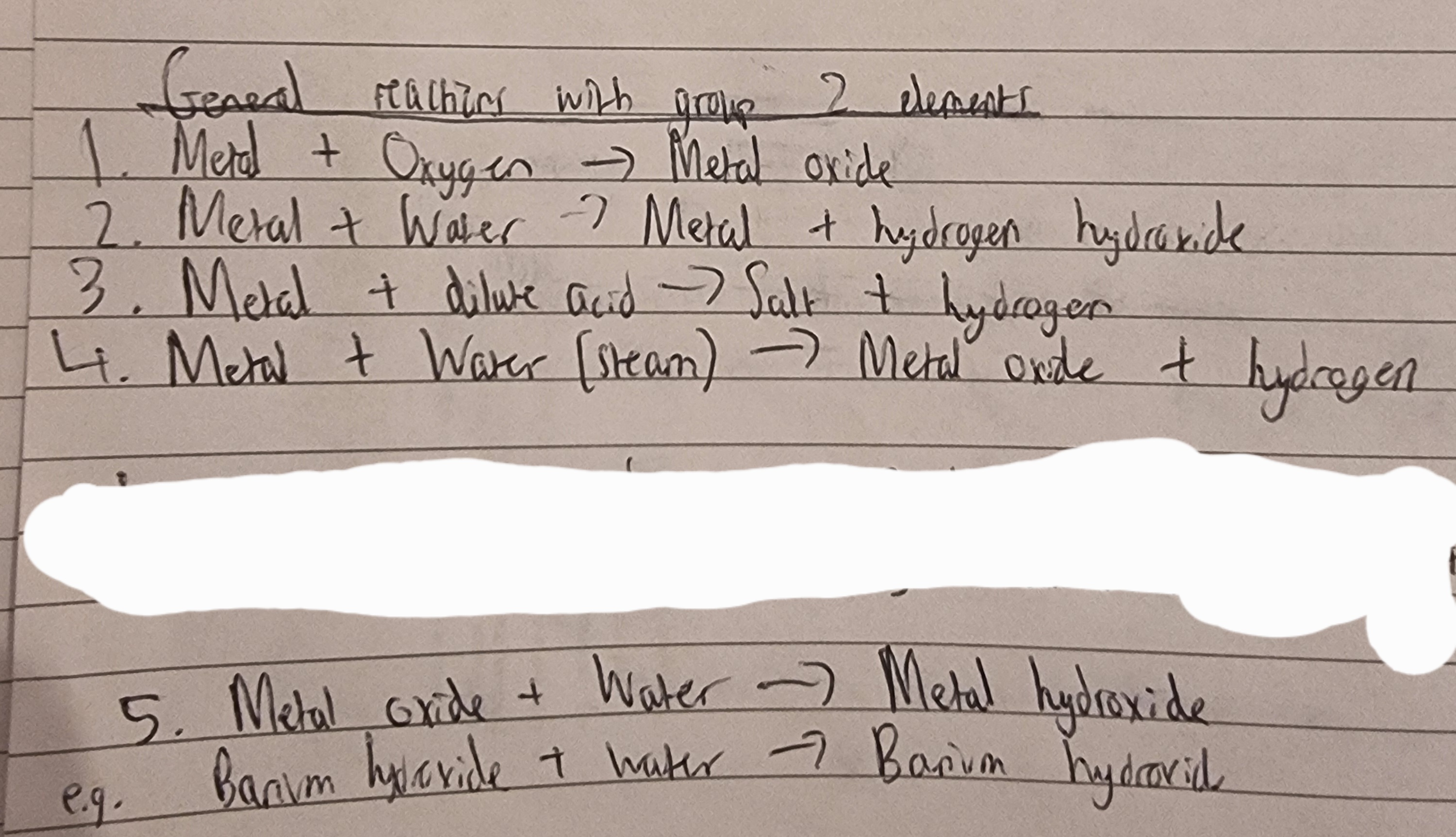 <p>Group 2: Note- The image shows general reaction with G2 elements</p><p class="has-focus">1.What is a reducing agent?</p><p class="has-focus">•Group 2 elements are reactive metals that readily lose …2? outer shell electrons to form M*2+ ions.</p><p class="has-focus">•Group 2 elements can react with oxygen,water and dilute …3?.They react forming …4? ions.</p><p class="has-focus">•Reactivity …5? down group 2 because the 1st and 2nd ionisation energy decreases down the group making it easier to form M*2+ ions.</p><p class="has-focus">•Metal hydroxides increase in solubility as you go …6? group 2.</p><p class="has-focus">7.What is a strong acid?</p><p class="has-focus">• In group 2, the solubility in sulfates become less soluble going …8? the group</p>