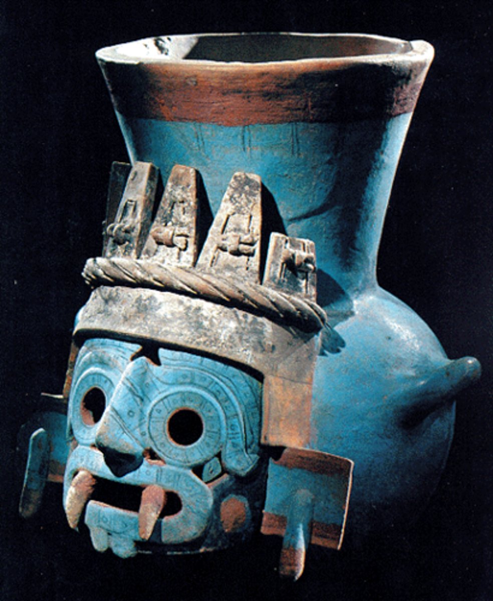 <p>ancient American god who was highly revered; associated with rain, agriculture, and war</p>