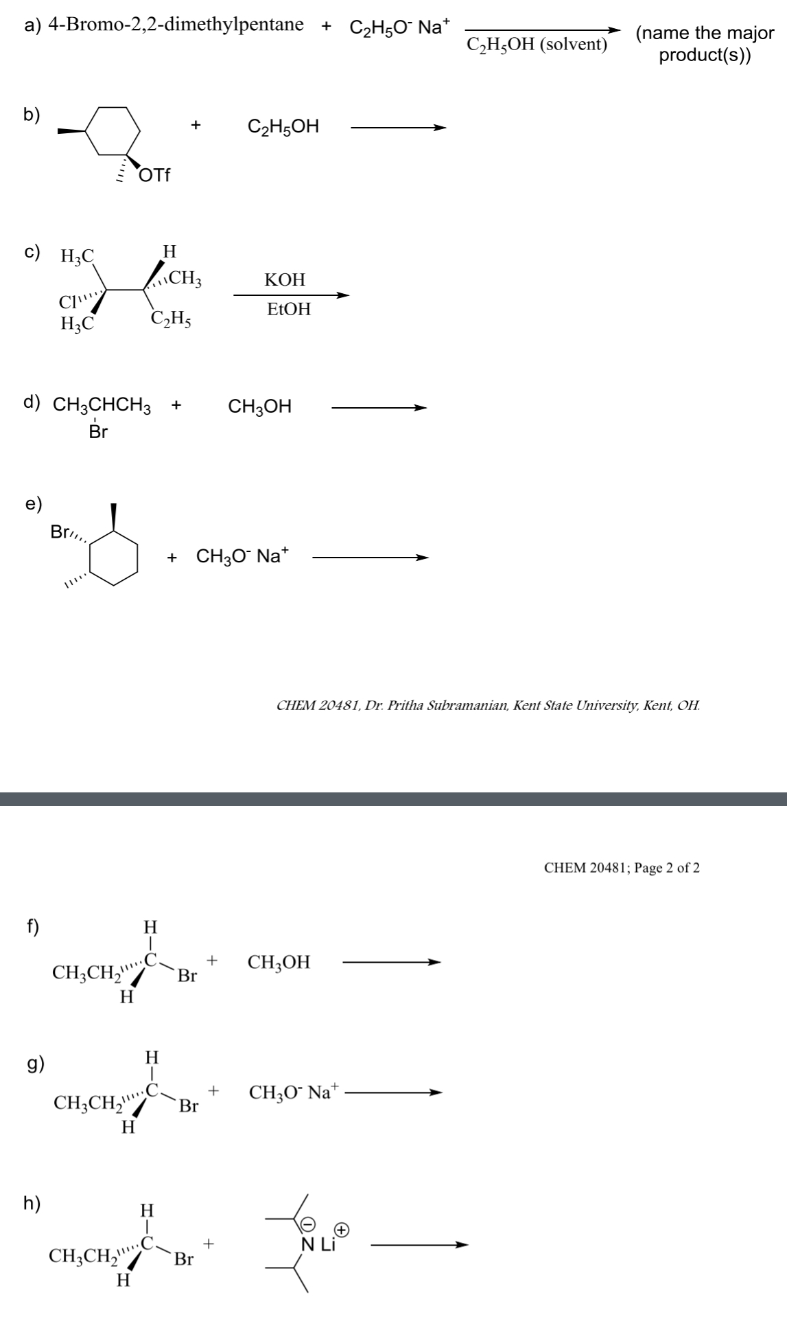 <p>what is the product for the following E1 and E2 rxns</p>