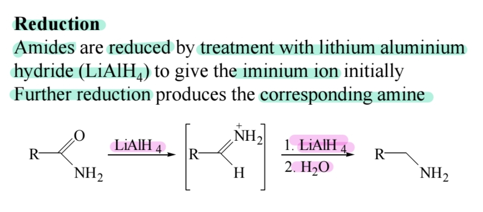 <p><span>Lithium aluminum hydride (LiAlH4) reduces amides to amines.</span></p>