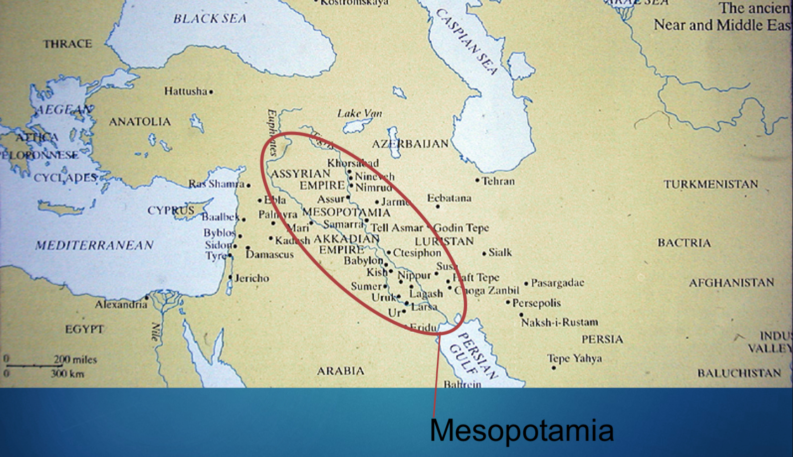 <p>a. = Modern day Iraq and Syria </p><p>b. = “land between [Tigris/Euphrates] rivers” in Greek</p><p>c. Assyria = northers Mesopotamia </p><p>d. Babylon = city in southern Mesopotamia </p>