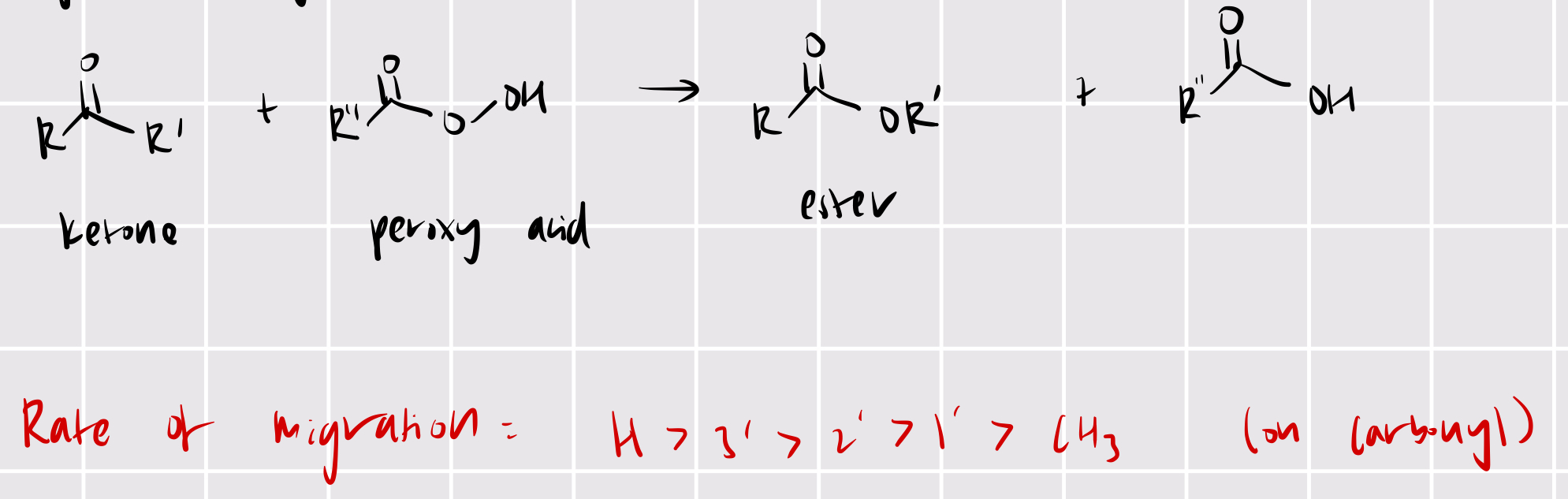 <p>bayer-villager: ketone + peroxy acid —&gt; ester</p><p>rearrangement!</p>