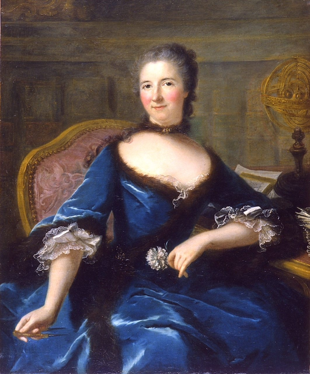 <p>Asserts the patron’s identity by having her take up space. Looks at viewer directly and confidently. Holding some sort of compass and a carnation (representing her femininity). Had interests in science and mathematics at the time, surrounded by attributes of those subjects: in front of a bookshelf, stacked papers to show she is working, solar system in background.</p>