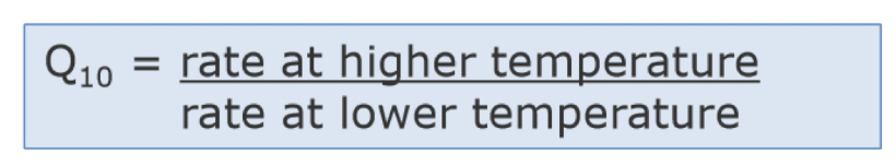 <ul><li><p>The <strong>temperature coefficient, Q₁₀, </strong>for a biological reaction measures how much the rate of reaction increases with a <strong>10°C increase</strong> in temperature</p></li><li><p>Most enzymes have a <strong>Q₁₀ of 2</strong></p></li></ul>