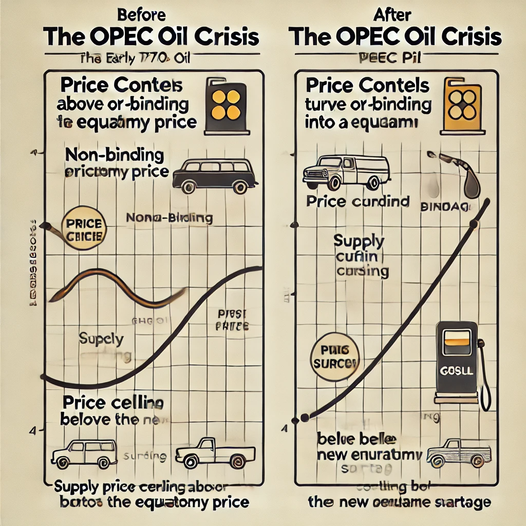 <p><span style="color: red"><strong>Conclusion:</strong></span></p><ul><li><p>The OPEC oil crisis reduced the supply of oil, which naturally raised prices. The U.S. government's price controls prevented gas prices from rising to reflect the shortage, turning a non-binding price ceiling into a binding one, which worsened the gas shortage and caused long lines at gas stations.</p></li></ul><p></p>