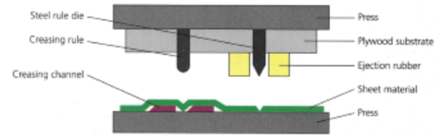 <p>A die cutting machine has various parts:</p><p>Creasing Channels: Raised parts on the bed that, together with creasing rules, create fold lines.</p><p>Cutting Dies: Sharp components that cut out the net outline.</p><p>Rubber Pads: Help prevent the material from sticking to the press as it moves up and down.</p>