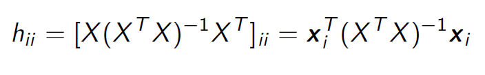 <p>OR for an mxn matrix =&gt; n/m<br>OR 1/n + (x<sub>i</sub>-x_bar)² / sum (x<sub>i</sub>-x_bar)²</p>