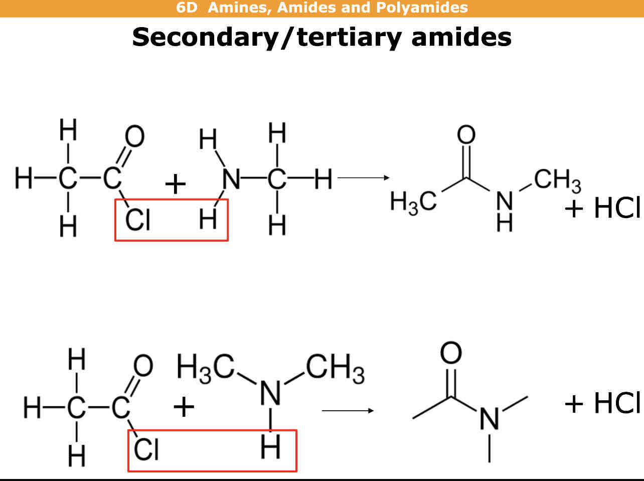 <p>Secondary = Acyl chloride + primary amine —&gt; secondary amide + HCl</p><p>Tiertiary = Acyl chloride + secondary amine —&gt; tiertiary amide + HCl</p>
