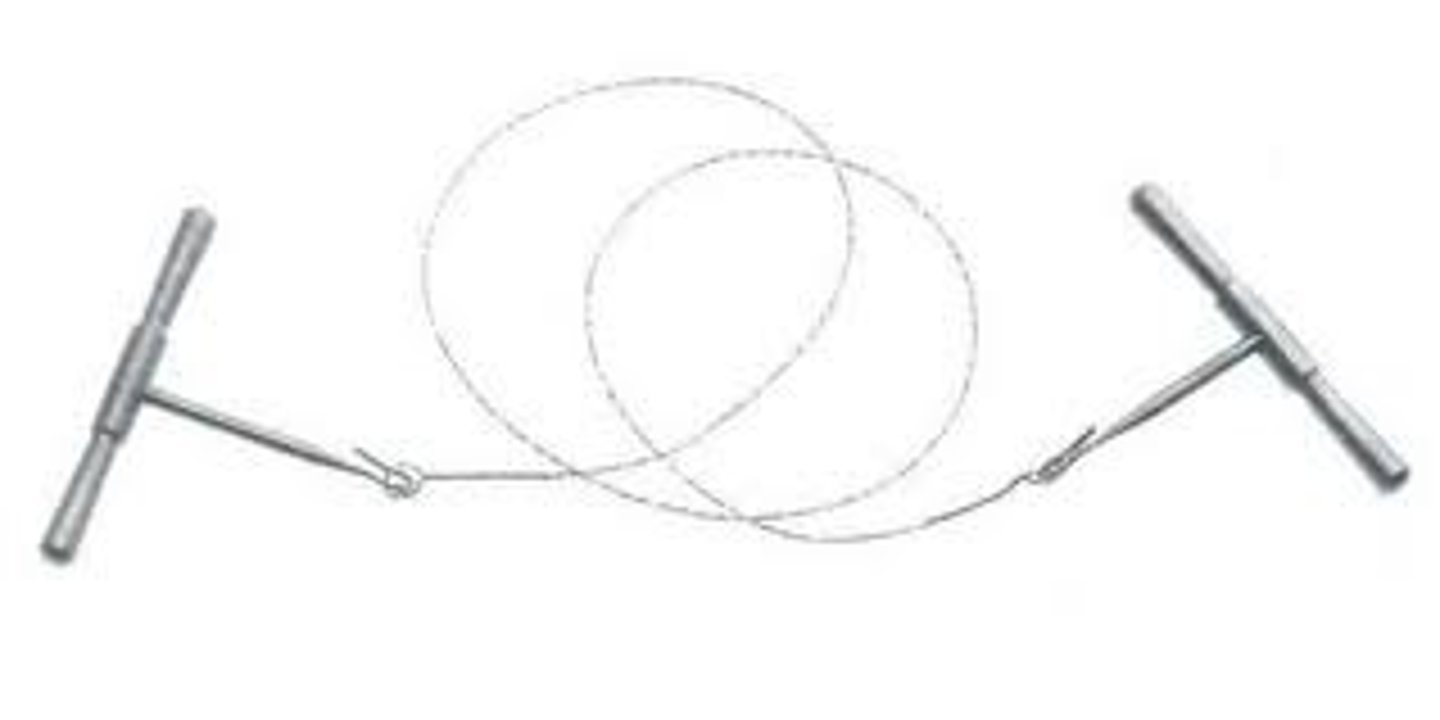 <p>Used to cut bone, Heat helps to reduce bleeding, Smoother edge to cut bone, Wire is placed around bone, T-shaped handles are drawn back and fourth in sawing fashion - Tusk trimming, removing marrow bones from jaw, toe/dew claw amputations, dehorning, portioning fetuses</p>