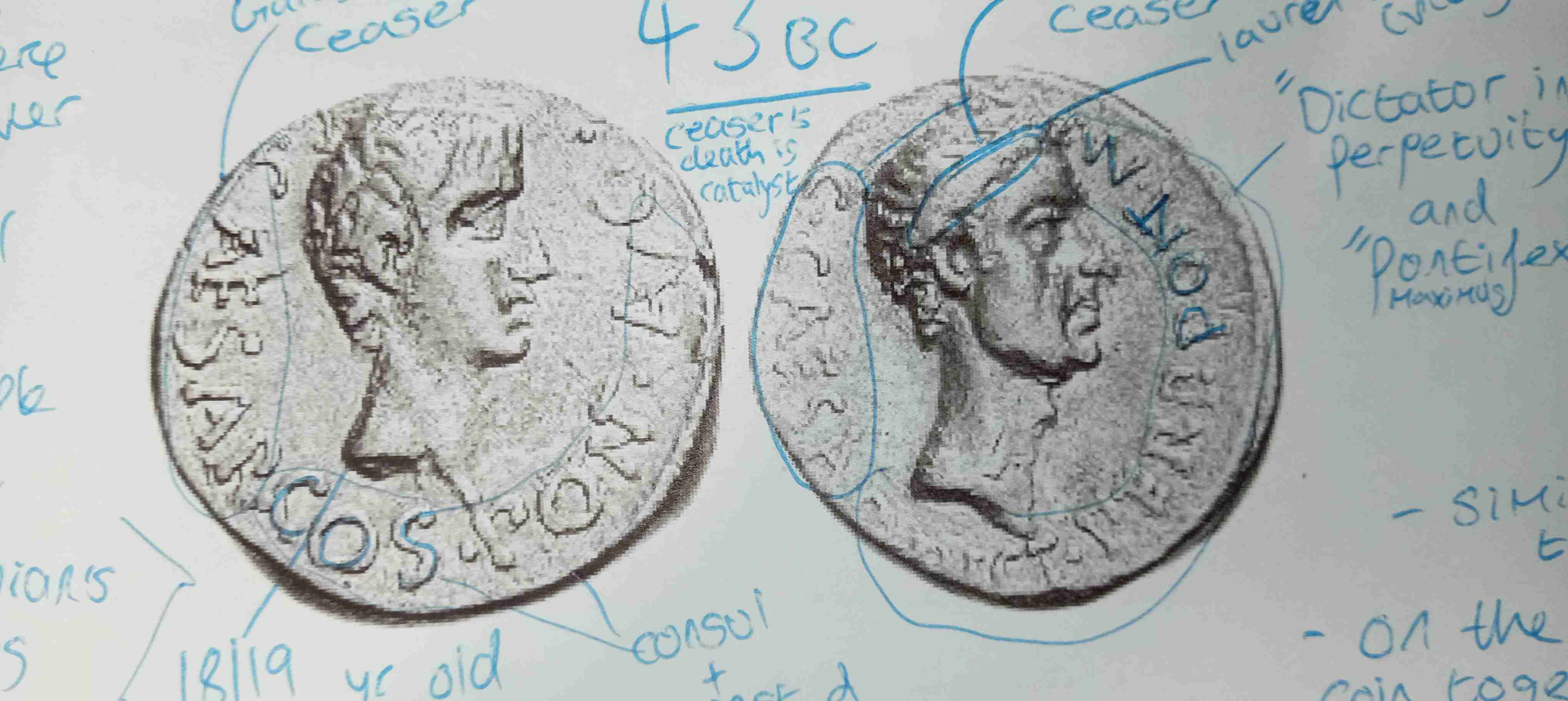 <p>Describe some features of the Gaius Julius Ceaser coin 43BC</p>