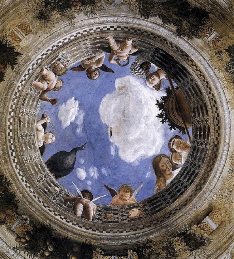 <p><em>Andrea Mantegna’s</em> <strong>Camera degli Sposi</strong>; 3D illusion; skylight illusion (foreshortening, difficultà); “<em>di sotto in su</em>“</p>