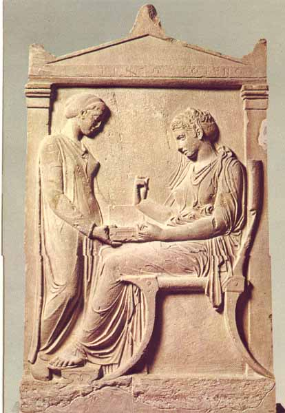 <p>Grave stele of Hegeso </p><ul><li><p>attributed to Kallimachos</p></li><li><p>c. 410 BCE</p></li><li><p>marble and paint</p></li></ul><p></p>