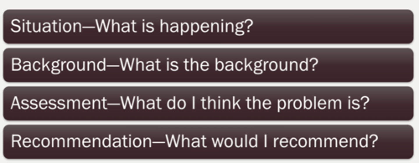 <p>- Situation—What is happening?</p><p>- Background—What is the background?</p><p>- Assessment—What do I think the problem is?</p><p>- Recommendation—What would I recommend?</p>