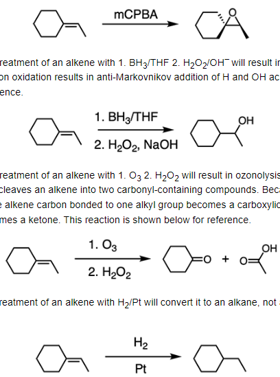 <p>D</p><p>The reaction shown is <strong>syn-dihydroxylation</strong> of an alkene because two OH groups are added to the same face of the alkene. The reagent for this reaction is cold, dilute KMnO<sub>4</sub> in the presence of NaOH. OsO<span><s><sub>4</sub></s></span> in the presence of NaHSO<sub>3</sub>/H<sub>2</sub>O could also be used, but it is not shown in the option choices.</p>