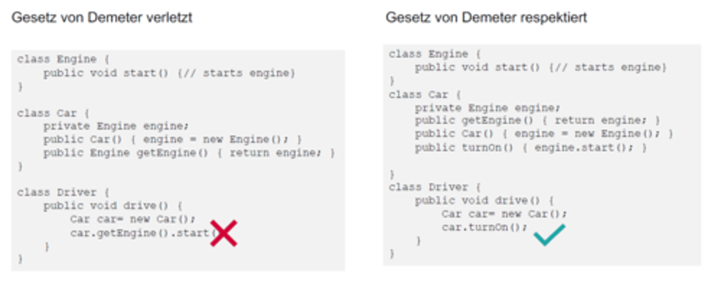 <p>siehe Bild.</p><p>links:</p><p>In Driver wird auf start() Methode von Engine zugegriffen. (-)</p><p>rechts: in Driver wird turnOn() verwendet, also wird nur auf eine Methode von Car zugegriffen</p>