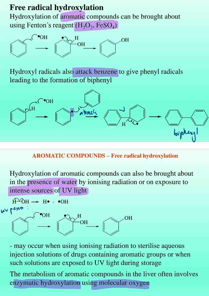 <p>Hydroxylation forms phenols, typically using Fenton’s reagent H2O2 + FeSO4.</p>