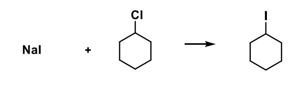 <p>alküülhaliid + NaI. Tekib lahustumatu NaCl</p>