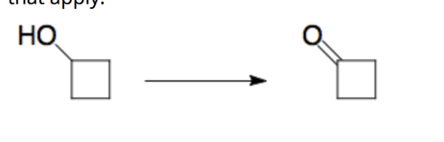 <p>oxidizes alcohol (-OH) to (=O)</p>