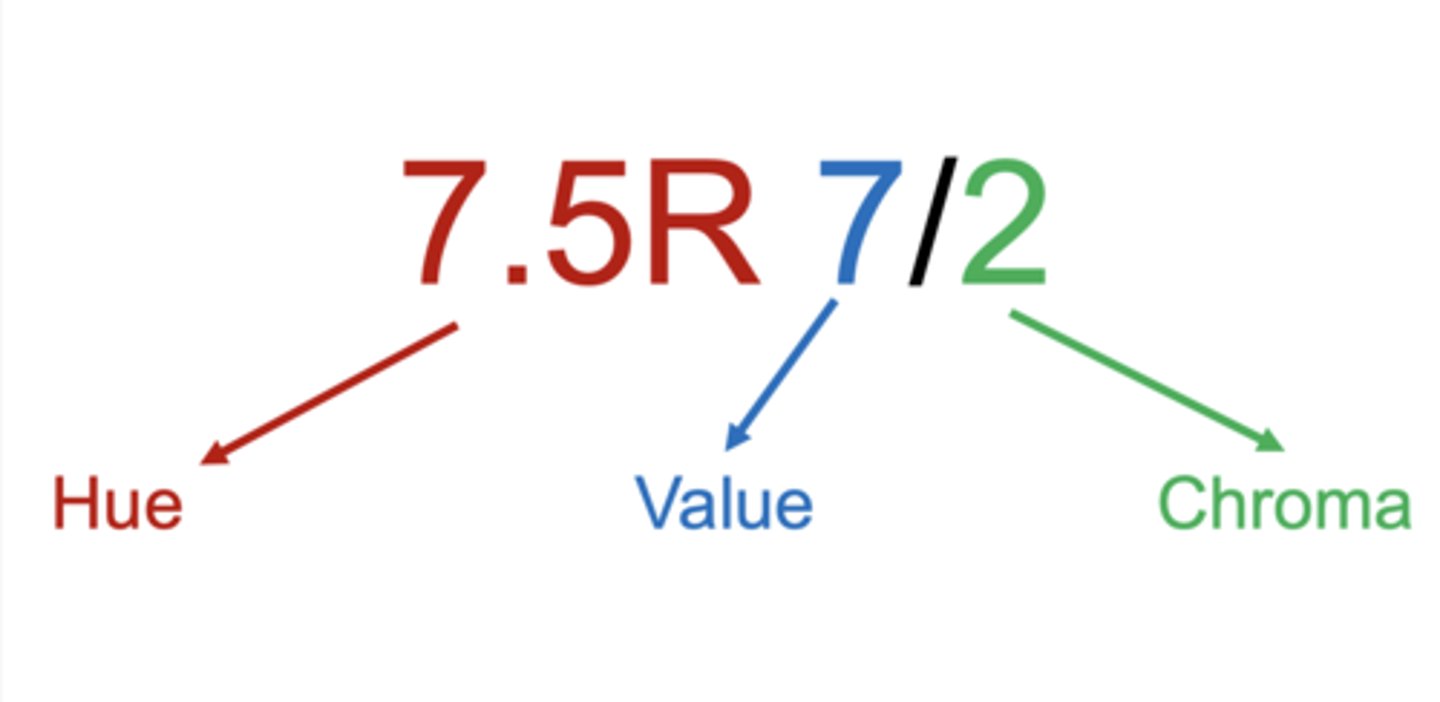 <p>7.5R 7/2 breaks down into hue, value, and chroma — the three components of color in the Munsell system.</p>