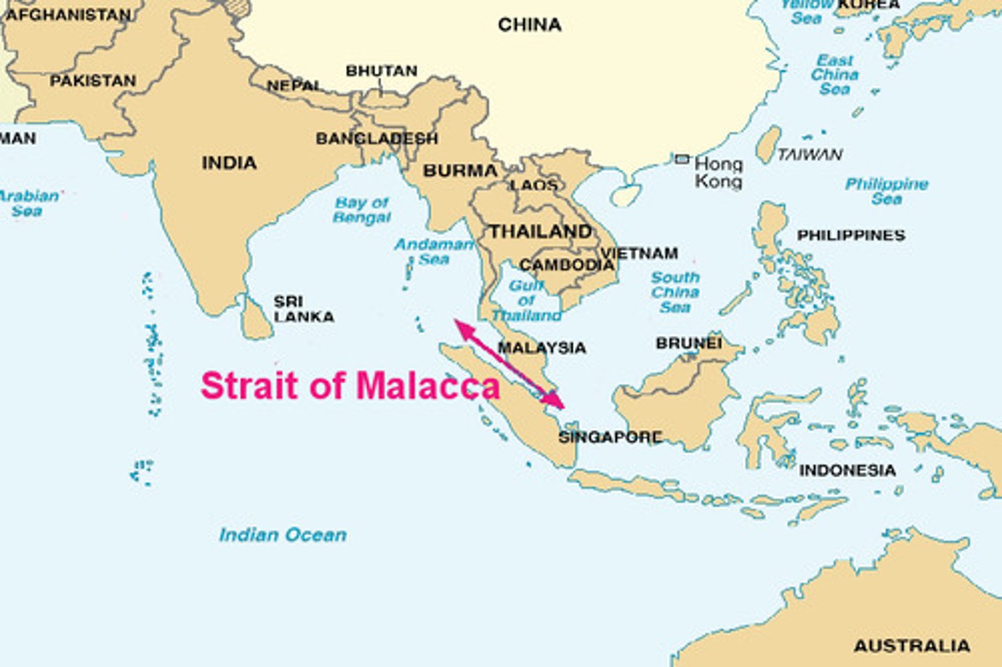 <p>Narrow waterway located between the islands of Sumatra and Java, Body of water connecting the Indian and Pacific Ocean near Singapore.</p>