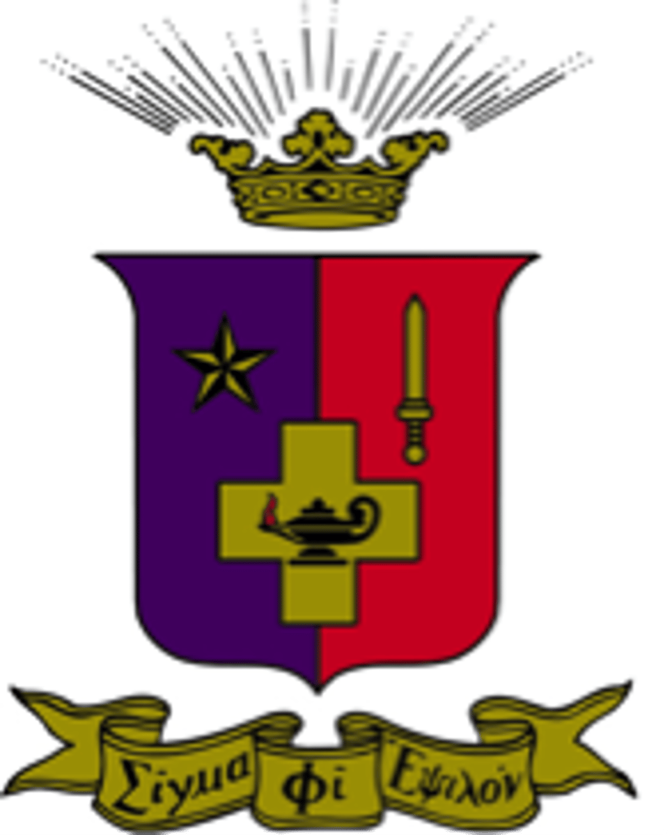 <p>Shining crown on top, Left side is a star (royal Purple), right is red with sword, cross in the middle is gold with genie lap inside. Sigma phi epsilon written in greek beneath</p>