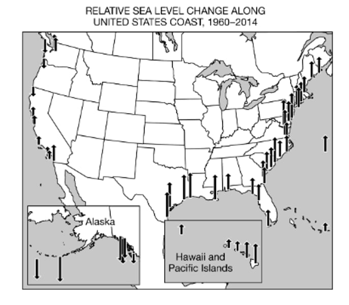 <p>Based on the information in the map, which areas in the United States have experienced the greatest sea level rise?</p>