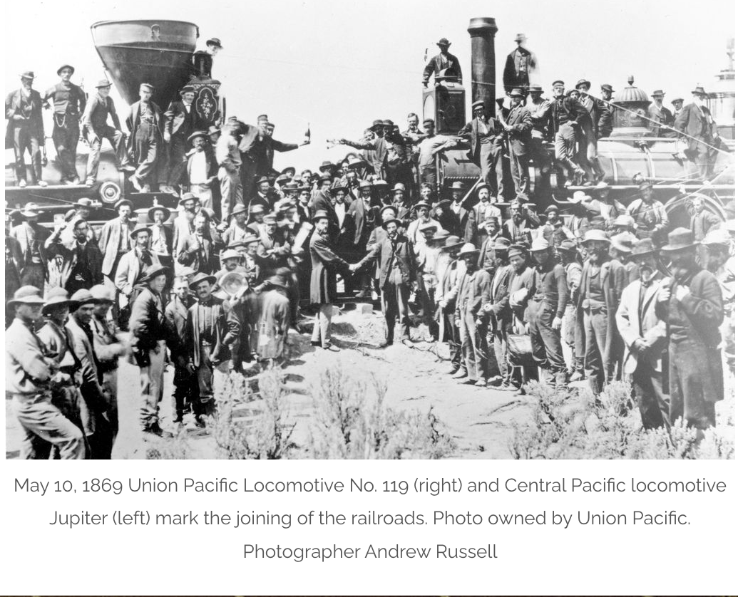 <p>Completed in 1869 at Promontory, Utah, it linked the eastern railroad system with California's railroad system, revolutionizing transportation in the west</p>