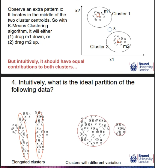 <ul><li><p>requires k to be known - hard to determine what K should be</p></li><li><p>the randomly selected start centroids has impact meaning different initial partitions can result in different final clusters</p><ul><li><p>Does the algorithm converge to the same results with different selections of initial cluster centroids? If not, what should we do in practice?</p><ul><li><p>for real world dataset - usually not</p></li></ul></li></ul></li><li><p>potential to create empty clusters (not always bad)</p></li><li><p>hard assignment - data points can only be assigned to 1 cluster</p><ul><li><p>in real life applications might not always have sharp boundary between clusters</p></li></ul></li><li><p>does not work well with elongated or different variation clusters that are non-globular</p></li></ul><p></p>