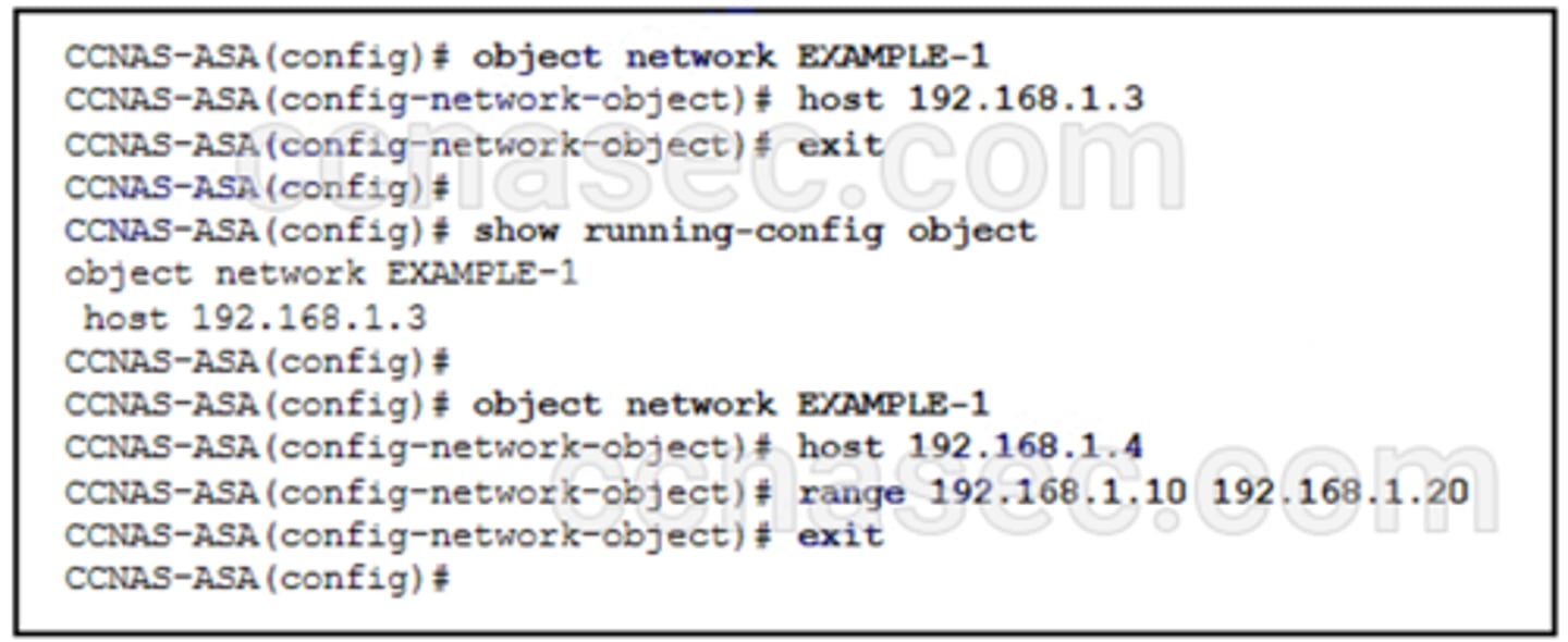 <p>Refer to the exhibit. What will be displayed in the output of the show running-config object command after the exhibited configuration commands are entered on an ASA 5505?</p>
