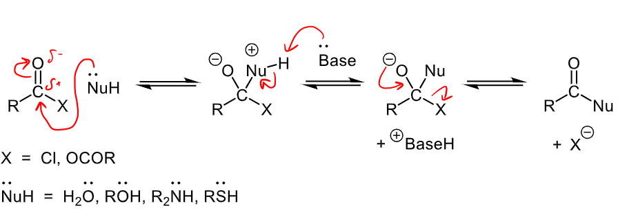 <ul><li><p>Occurs with carboxylic acid derivatives: acyl chlorides, acid anhydrides, esters, amides (does NOT occur for aldehydes/ketones) </p></li><li><p>Uncharged nucleophiles = H2), ROH, R2NH, RSH (all have a lone pair that react with the C) </p></li><li><p>X = Cl or OCOR </p></li><li><p>Nucleophile lone pair attacks partially positive carbon, base then removed hydrogen from nucleophile, then leaving group is kicked off. </p></li></ul><p></p>