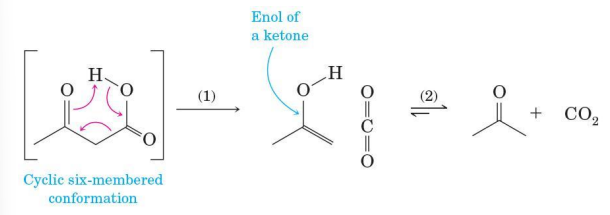 <p>involves (1) redistribution of electrons in a cyclic transition state followed by (2) keto-enol tautomerism&nbsp;</p>