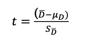 <p>𝜇𝐷 is the mean of the difference scores in the population</p><p>𝑆𝐷 is the standard error for the sample mean of difference scores</p>