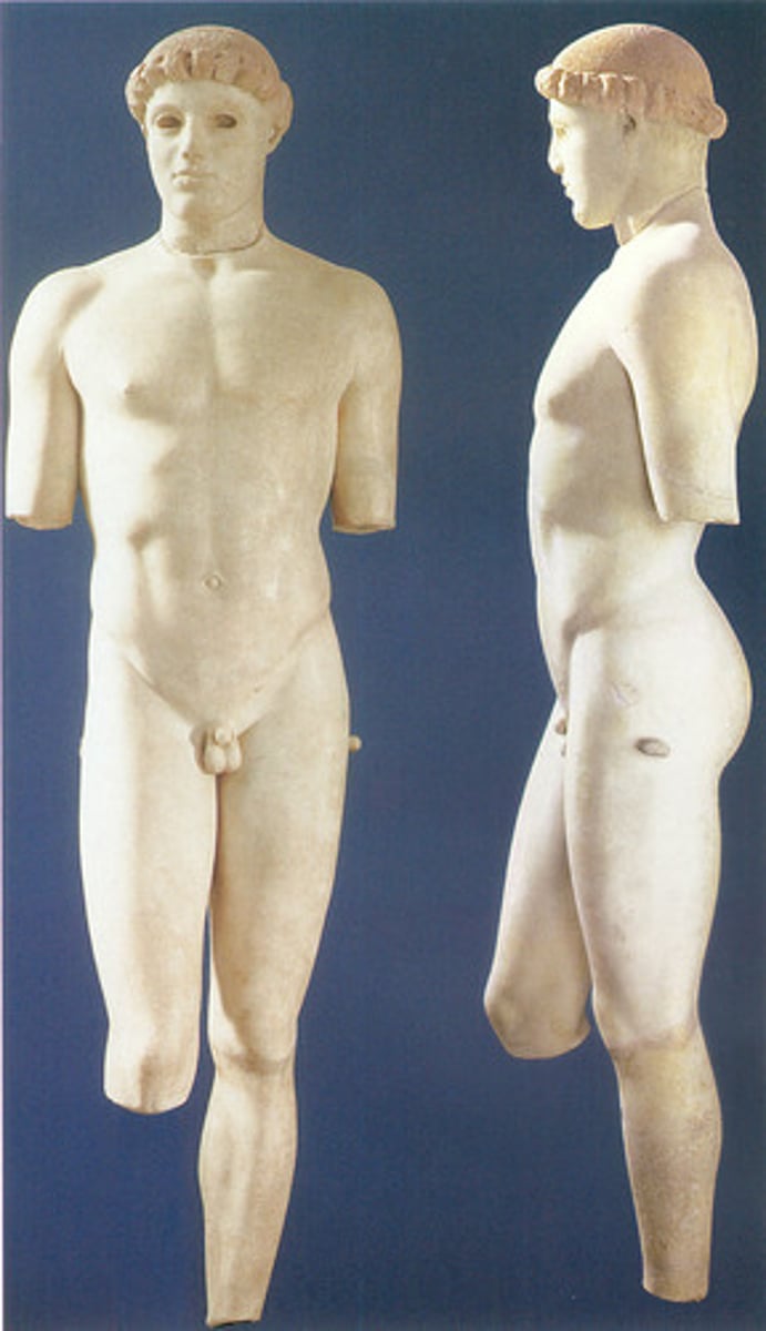 <p>Period: Early Classical (Severe Style)</p><p>Medium: Marble sculpture</p><p>Innovation: Contrapposto pose - relaxed stance with slight S-curve spine</p><p>Transition: Represents shift from Archaic rigidity to Classical naturalism</p><p>Features: Weight-bearing hip balanced by opposite shoulder, slight head turn</p><p>Facial Expression: Vacant expression, diminished archaic smile</p><p>Significance: Exemplifies Early Classical style breakthrough</p>