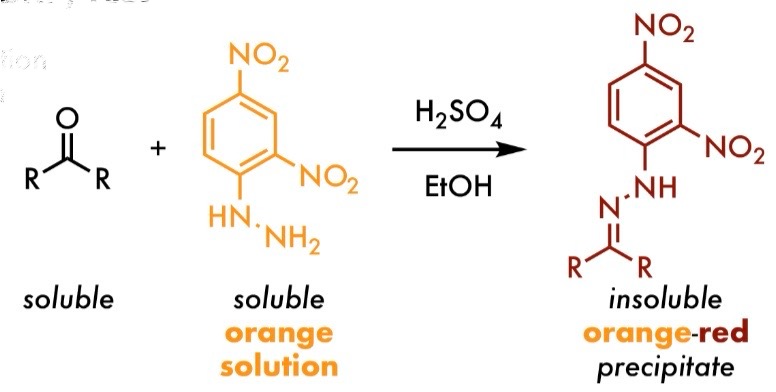 <ul><li><p>Clear <span style="color: rgb(249, 197, 103);">Orange</span> → <span style="color: rgb(249, 51, 51);">Red</span>-<span style="color: rgb(249, 158, 70);">Orange</span> Precipitate</p></li><li><p><u>Positive</u>: Ketones, Aldehydes</p></li><li><p><u>False Positives</u>: Amines</p></li><li><p>Reagents: H2SO4, EtOH</p></li></ul><p></p>