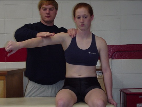 <p>resistance hand contours over arm just above elbow and other stabilizes upper body</p><p>patient elevates arm halfway bt flexion and abduction against resistance</p>