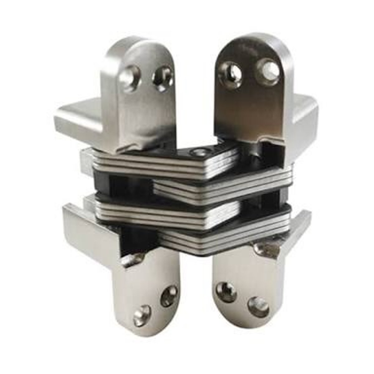 <p>A hinge consisting of a number of flat plates rotating about a central pin, with shoulders mortised into the door edge and doorframe so as to concealed when closed</p>