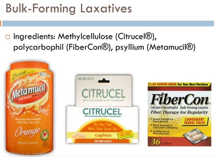 <p>Psyllium &amp; Metamucil<br>- increases the weight of stool by adding fiber and increasing water content in feces<br>- makes it easier to push the stool out</p>