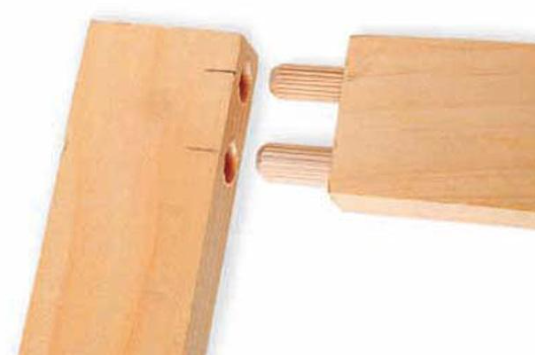 type of joint used to connect two pieces of wood by drilling dowel holes in each piece and using a wooden peg (the dowel) to attach them.