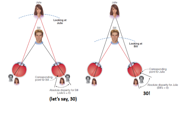 <p>difference from corresponding retinal points from an image </p><p>Ex. the difference from the location of both eyes (center and matched) looking at an object that is closer or further from the original object </p>