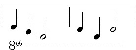 <p>Placed below the staff. Means to play one octave lower</p>