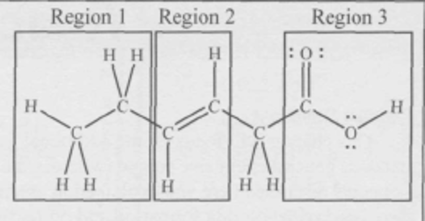 <p>Where is the hydrophilic (attracted to water) region of the molecule?</p><p>(A) Region 1</p><p>(B) Region 2</p><p>(C) Region 3</p><p>(D) The three regions are equally hydrophilic</p>