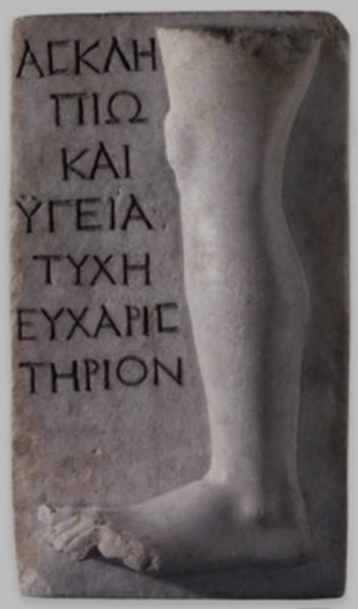 <p>1st century AD; Votive of a leg thanking Asclepius and Hygeia, island of Melos, by someone called Tyche</p>
