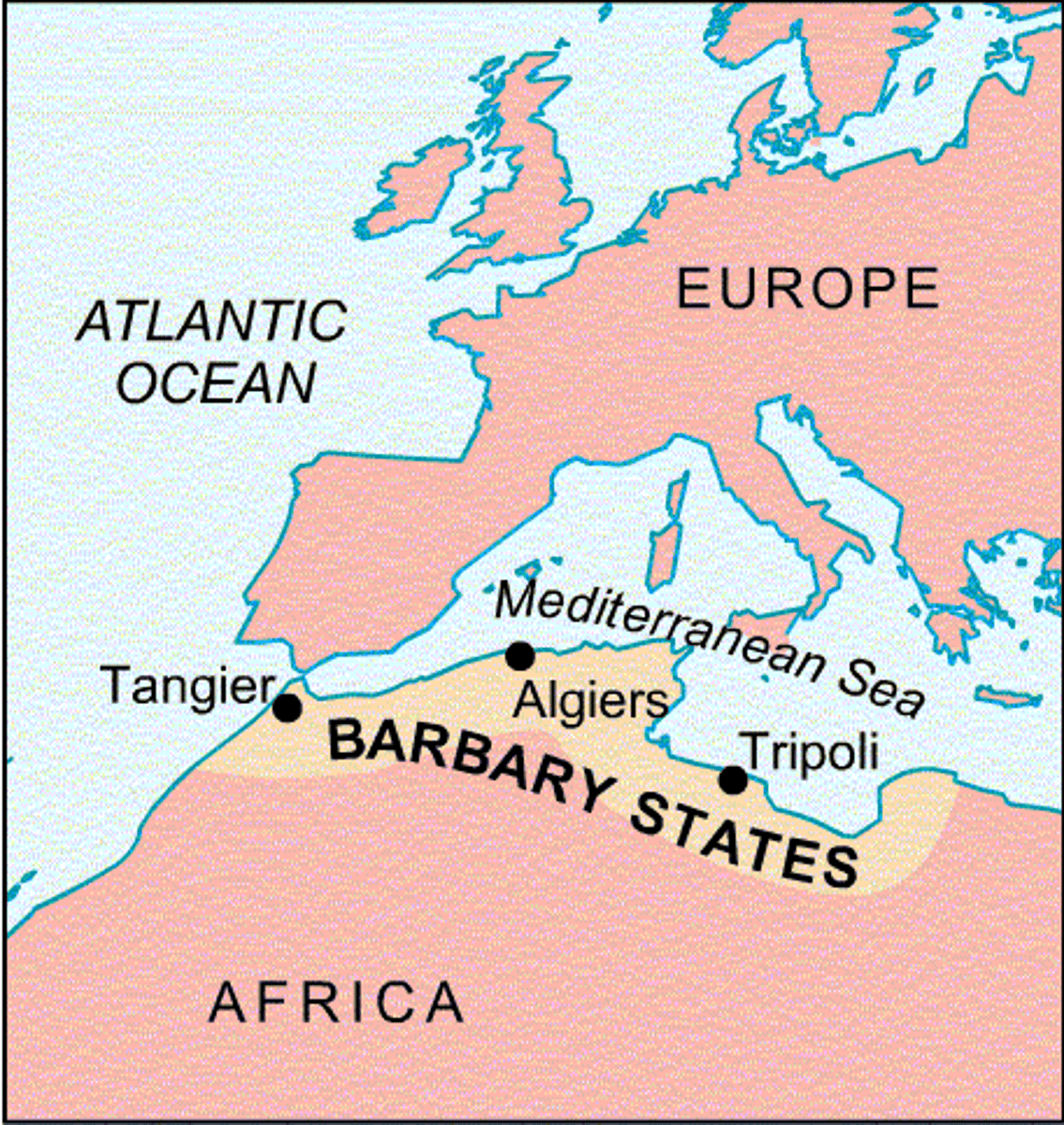<p>Plundering pirates off the Mediterranean coast of Africa (Tripoli); President Thomas Jefferson's refusal to pay them tribute to protect American ships sparked an undeclared naval war with North African nations</p>