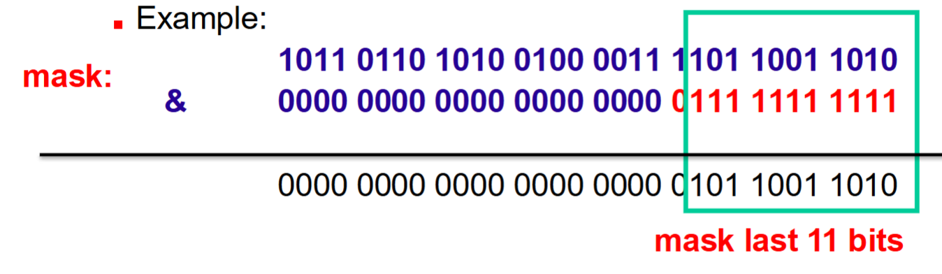<p>mask</p><p>Since and with 0 produces 0, with 1 produces original bit…</p><p>Spam 0’s for ones you want to mask, spam 1’s for bits you want to isolate</p>