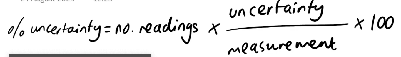 <p>e.g. finding initial and final mass or temperature</p><ul><li><p><strong>DOUBLE</strong> the <u>absolute</u> uncertainty e.g. (<strong>2</strong>×±0.05)/25.00</p></li></ul><p></p><p></p>