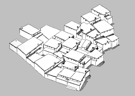 <p>features: shared walls, cemeteries within the structures, wooden roofs and stucco finishes</p><p>offered protection from the world</p>