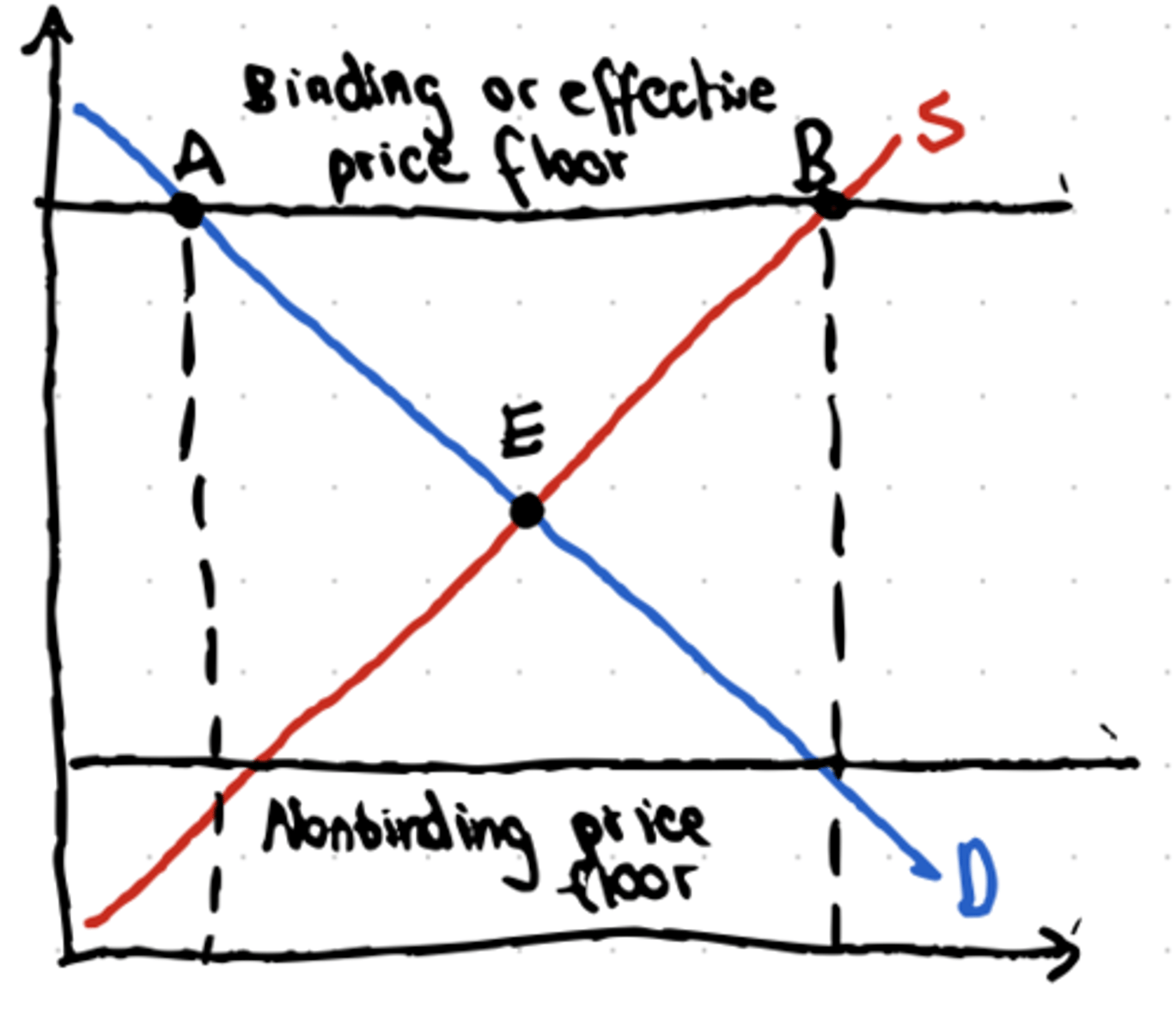 <p><strong><em>If a price floor is set below equilibrium, it will have no effect (called non binding).</em></strong></p><p><strong><em>Only a price floor that forces price above equilibrium will have any effect (binding, or effective).</em></strong></p>