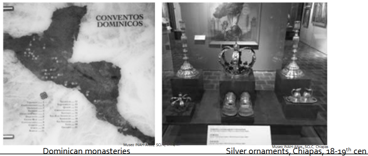 <p>• From the 1530s onward, there was intense competition between the Spanish secular clergy and various monastic orders to convert Indigenous people</p><p>• Franciscans were most active in Central Mexico</p><p>• Dominicans were most active in Chiapas and Guatemala</p><p>• Secular clergy gained control in Yucatan</p><p>• Conversions were a source of wealth—churches could demand high-value items and access to Indigenous labor and tribute </p>