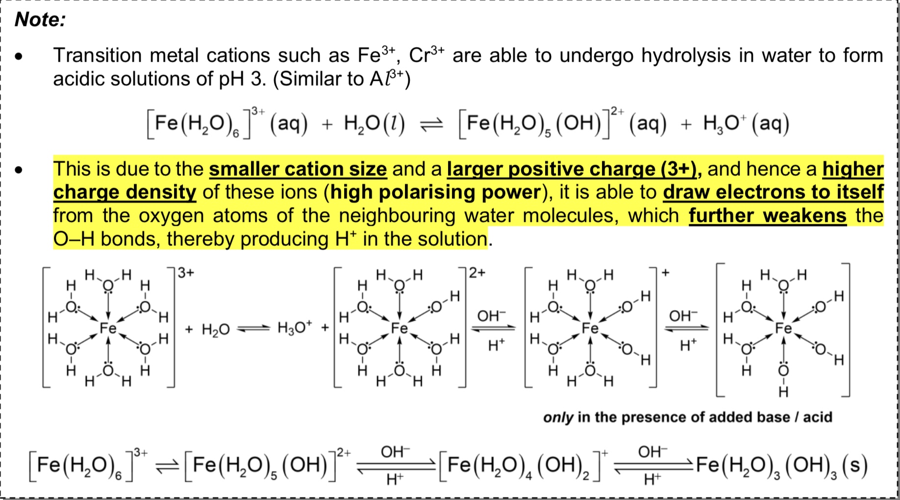 <p>→ The small cationic size and large positive charge leads these metal cations to have higher charge density.</p><p>→ Hence these cations can draw electrons to itself from O atoms of H2O molecules, weakening the O-H bonds and producing H+ in the solution.</p><p>→ These cations can undergo hydrolysis in water to form acidic solutions of pH3. </p>